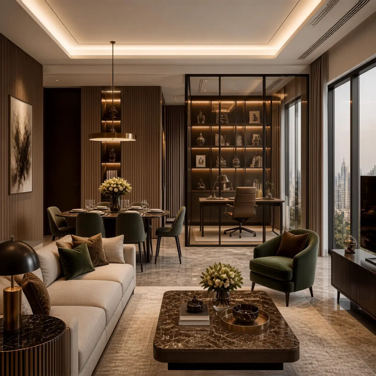 Interior of a Brigade Barcelona 3 BHK + Study residence — living area with a glass-partitioned study