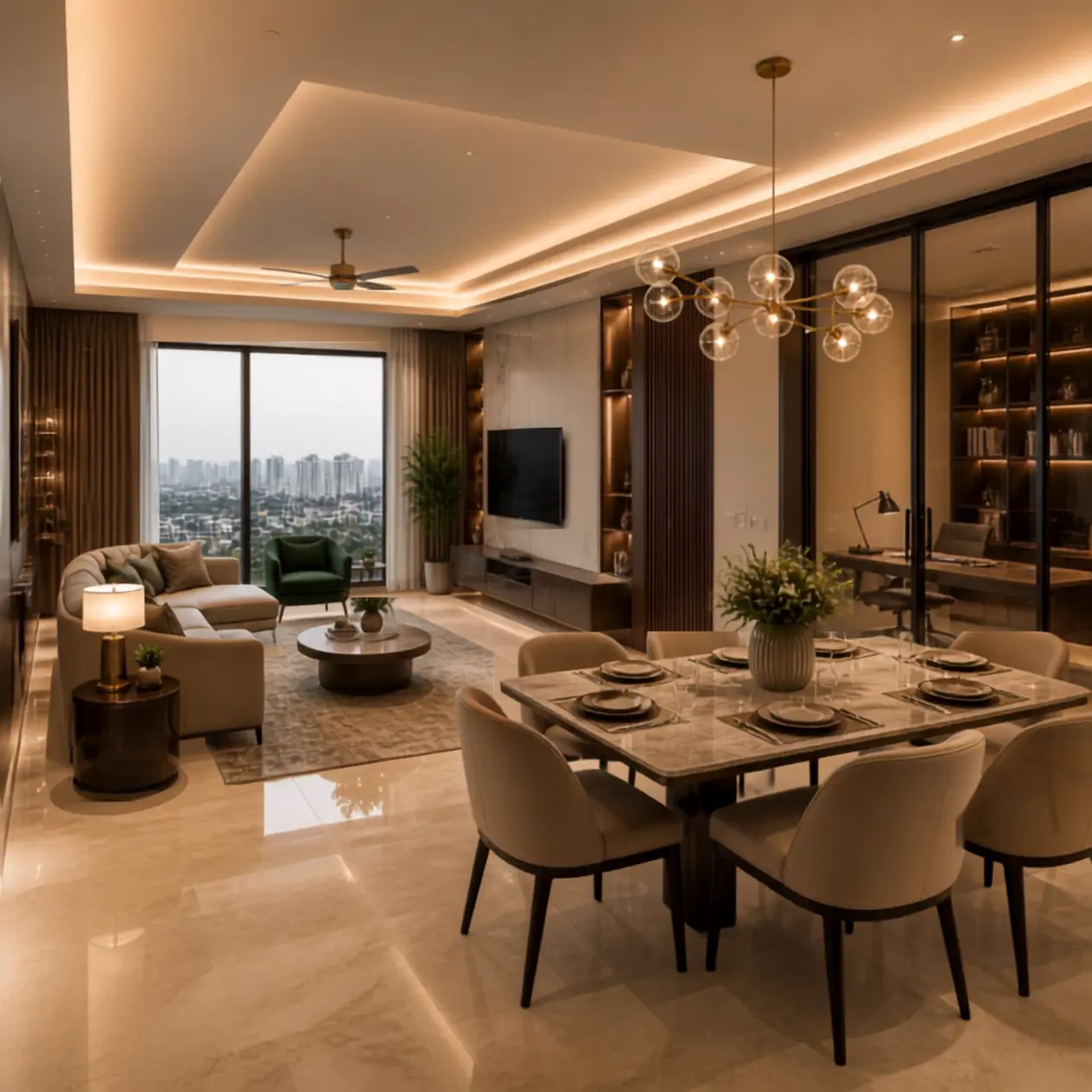 Interior of a Brigade Barcelona 3 BHK residence — open living and dining with a private deck beyond