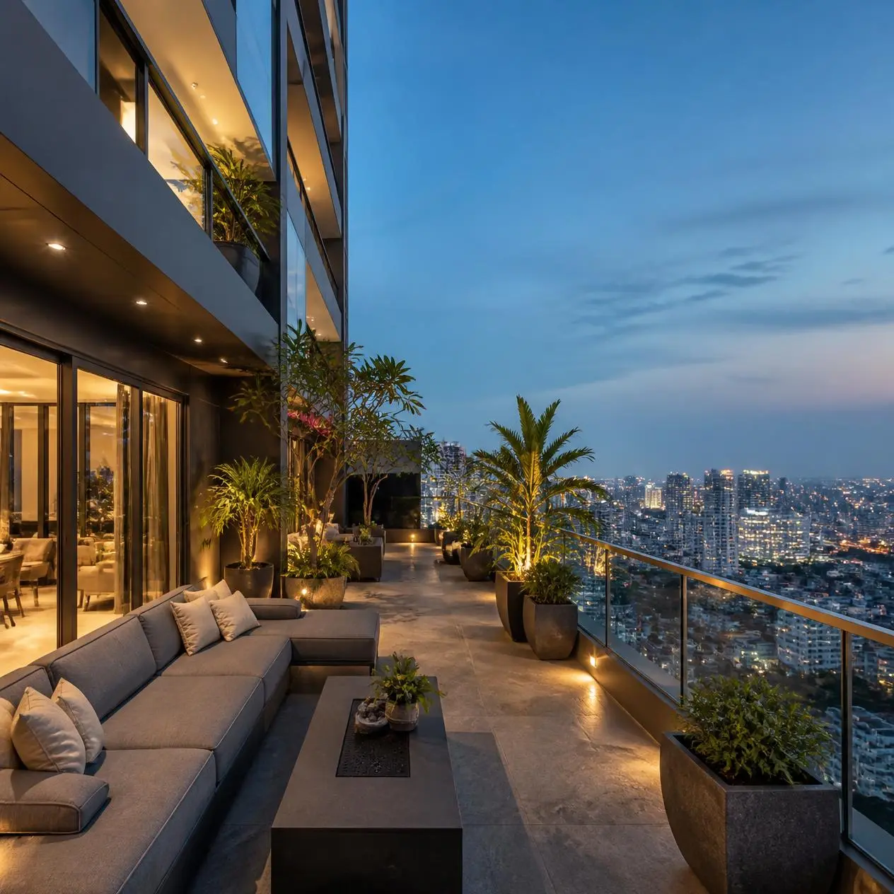 A private deck at Brigade Barcelona at dusk — lounge seating and planting opening to the Hyderabad skyline