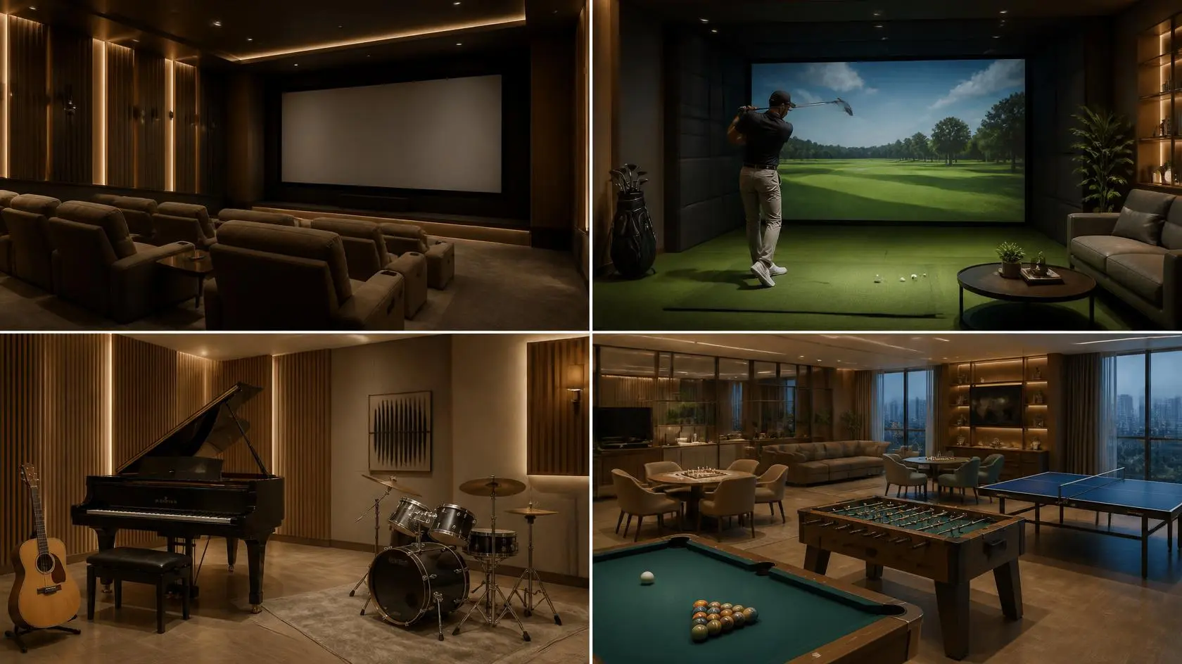 Entertainment amenities at Brigade Barcelona — mini theatre, golf simulator, music rooms and indoor games