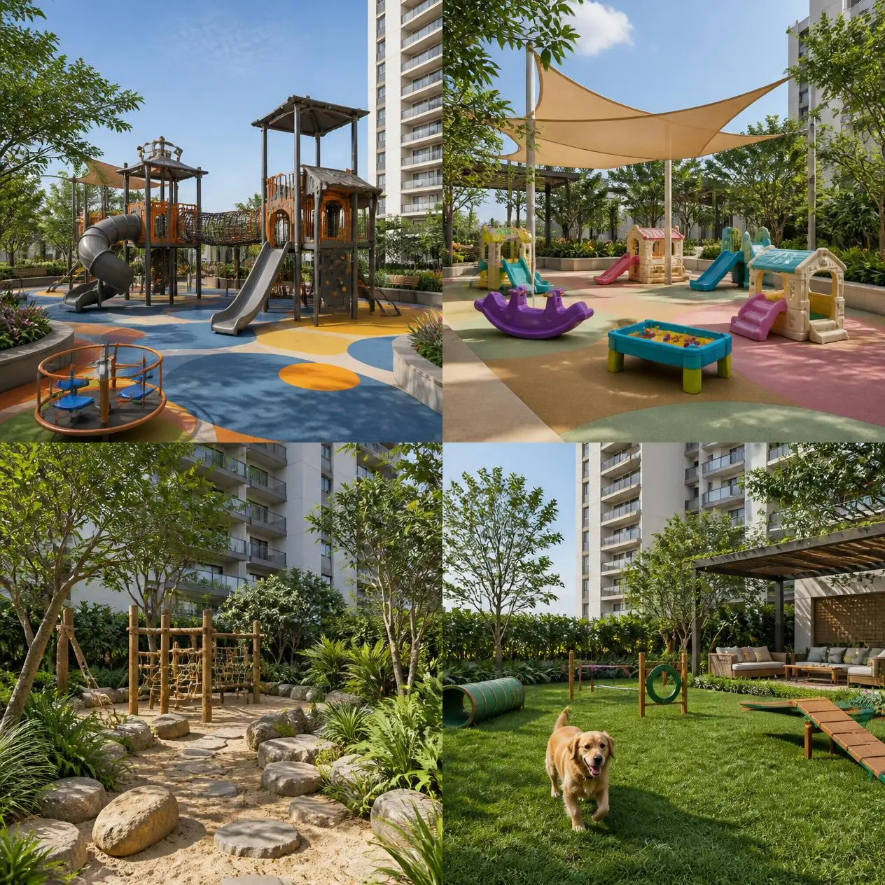 Family amenities at Brigade Barcelona — kids' play, toddlers' zone, nature play and pet park