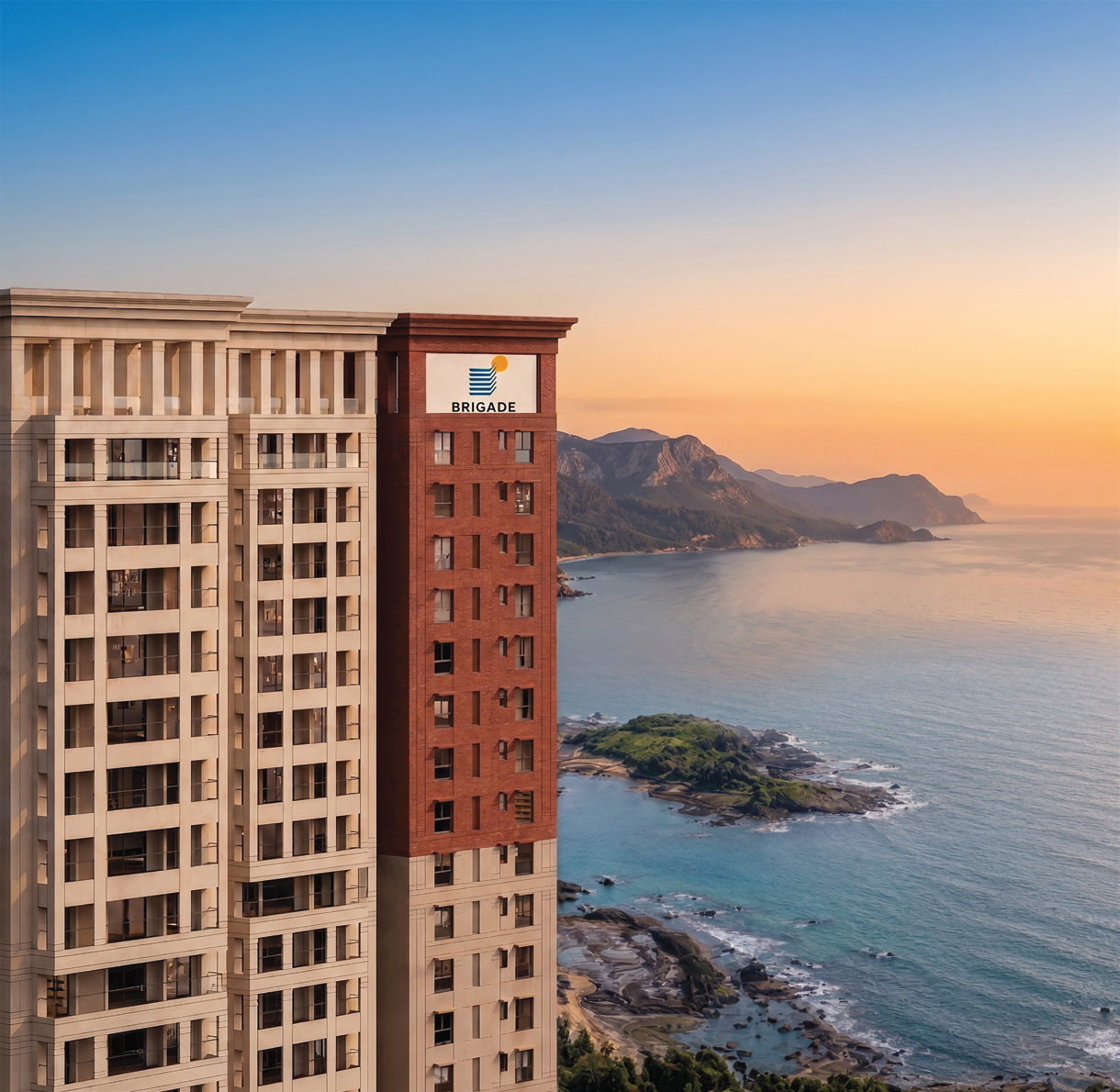 Brigade Barcelona facade at dusk overlooking a Spanish coastline
