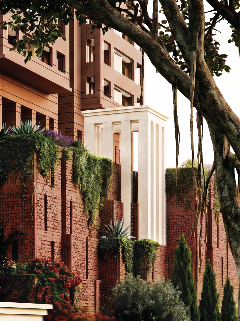 Close-up of the terracotta jaali facade woven with greenery