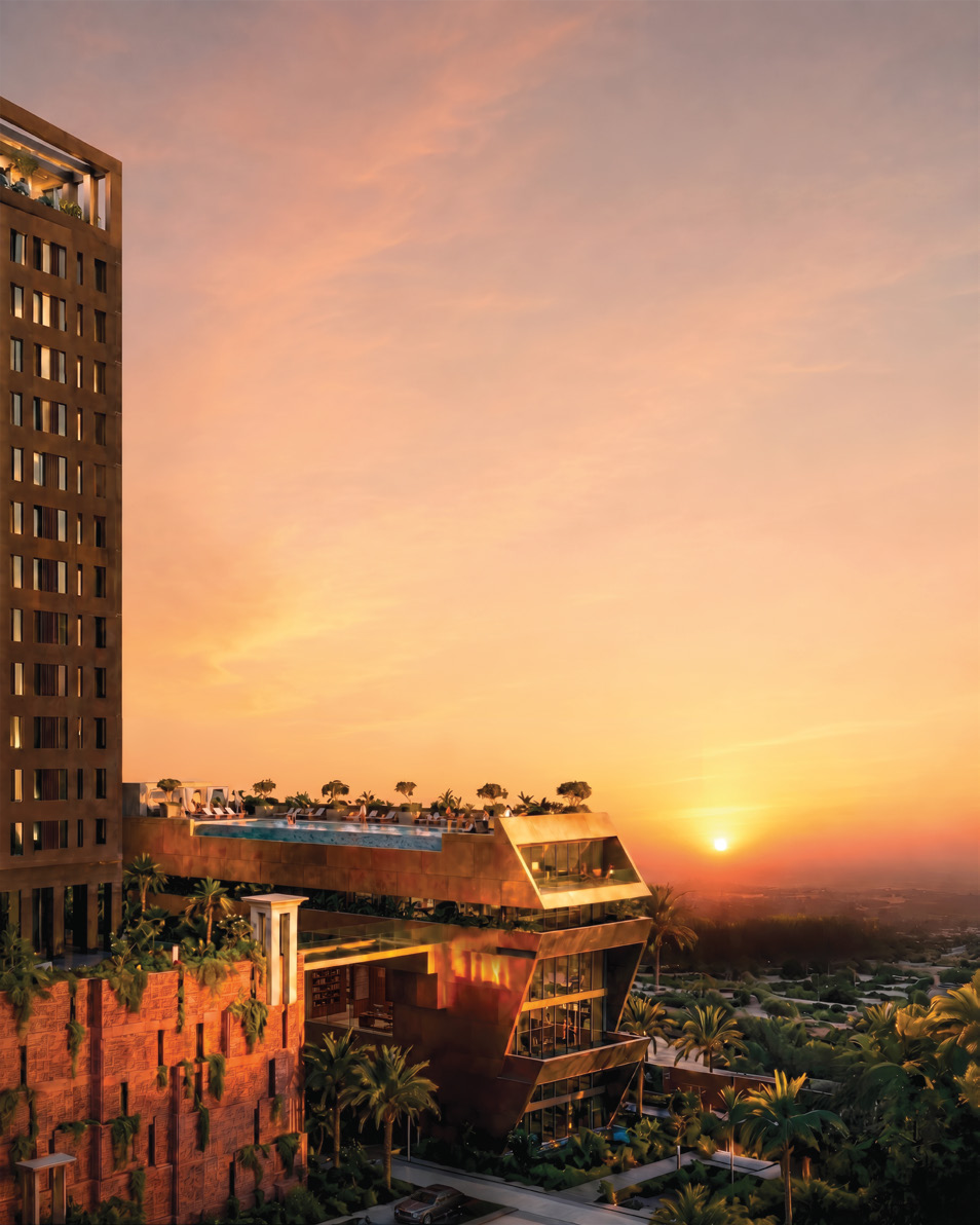 Angular rooftop sky deck and infinity pool at golden hour